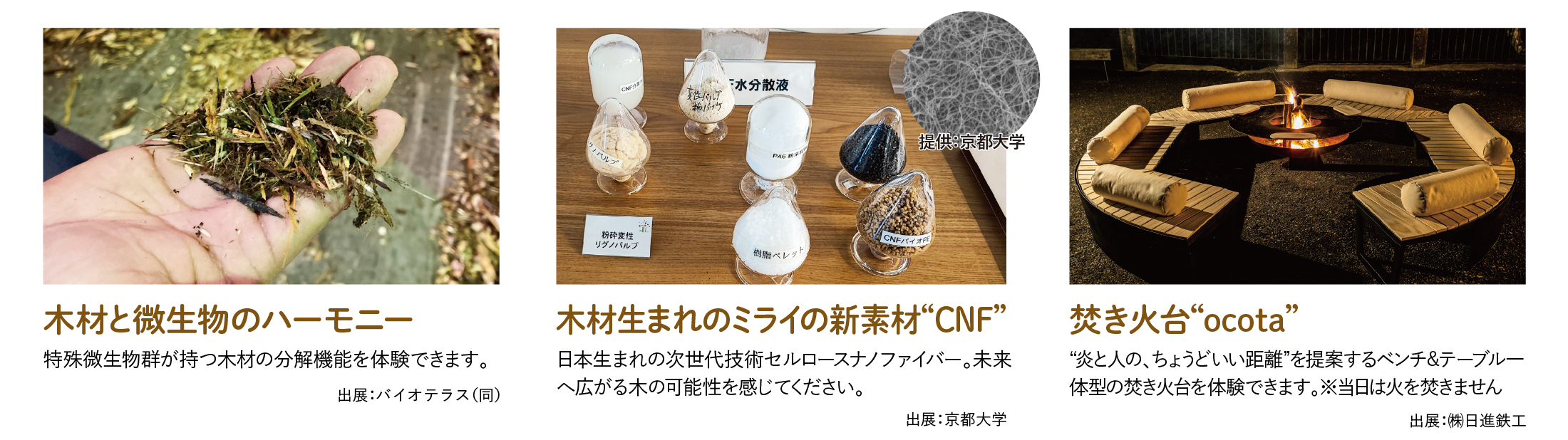 展示 木材と微生物のハーモニー／木材生まれのミライの新素材 CNF／焚き火台 ocota